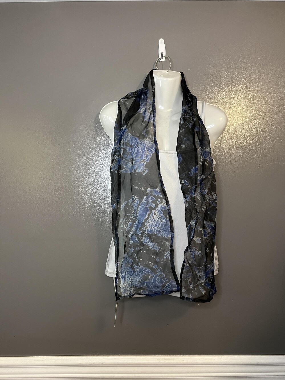 Shibori Organza Silk Scarf Womens 58x8 Black Blue Sheer Lightweight Tie Dye